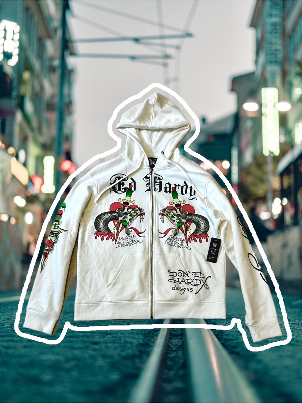 Ed Hardy White Hooded Zip-Up Jacket with Colorful Tattoo Graphics NWT